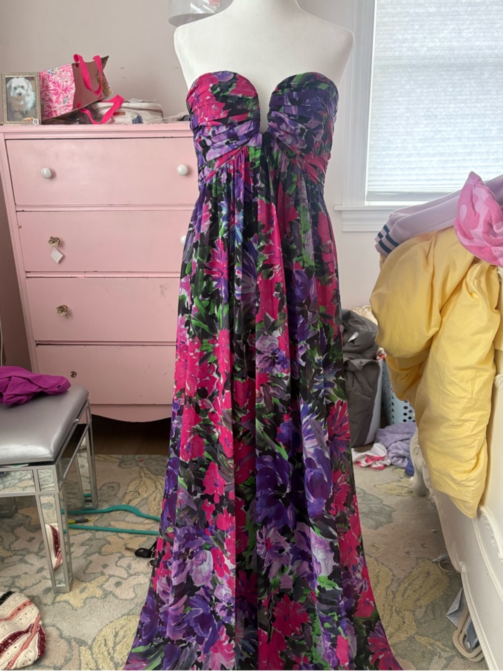 Milly Strapless Floral Maxi Dress in Fuchsia, Purple & Green
